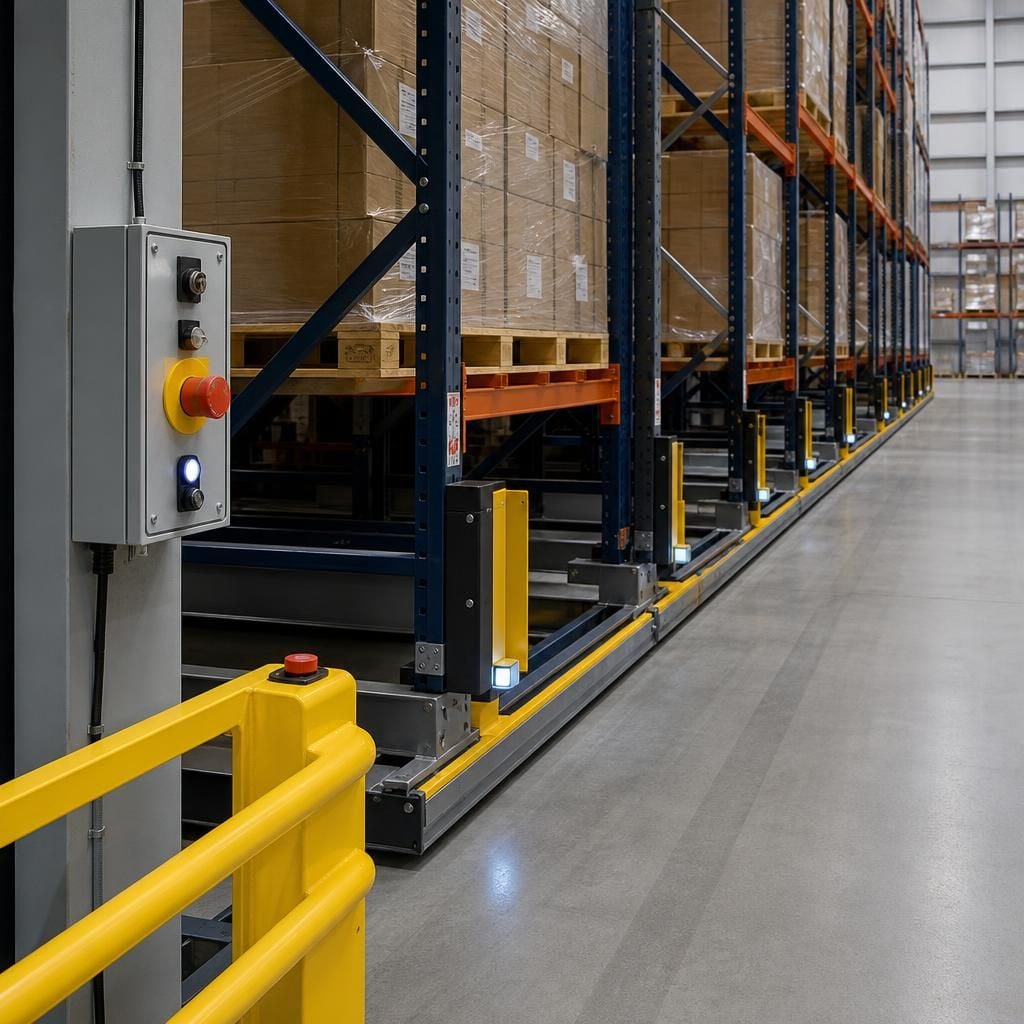 Mobile pallet racking aisle with safety barriers and an emergency-stop control