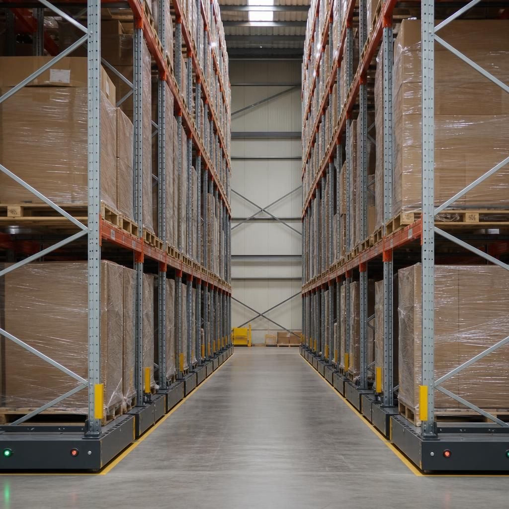 Mobile pallet racking bases with an open access aisle in a warehouse