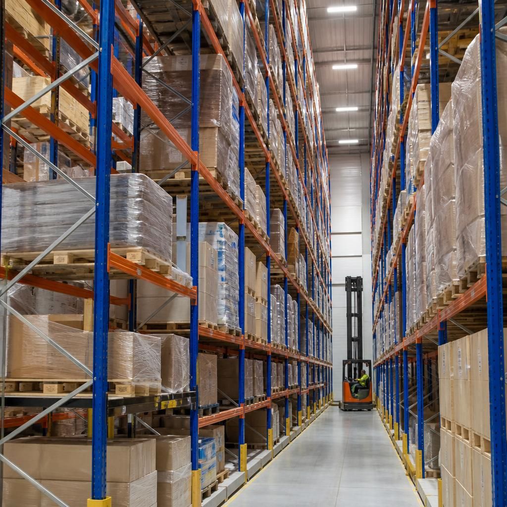 Narrow aisle pallet racking with pallets stored at different heights
