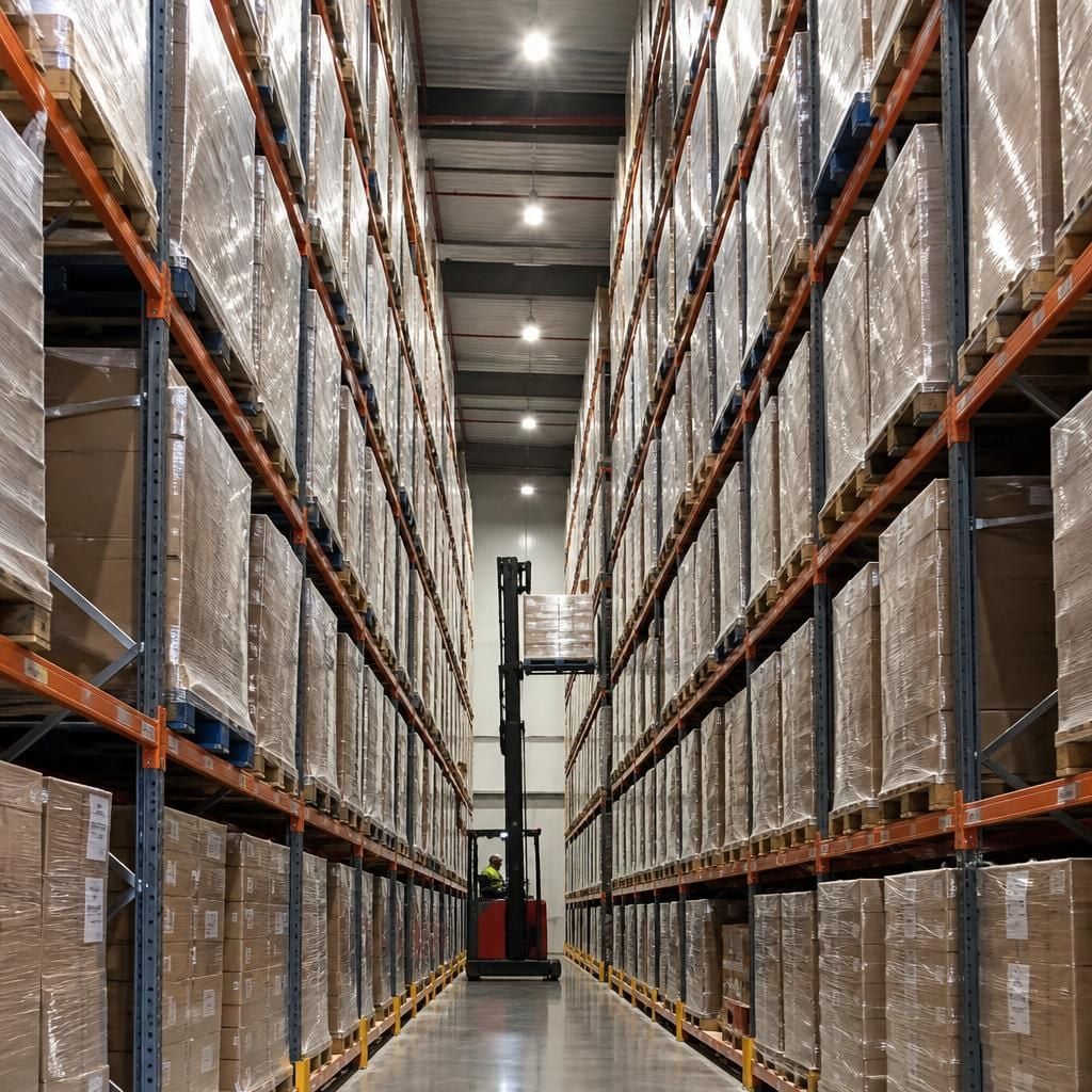 Narrow aisle pallet racking with pallets stored at multiple levels