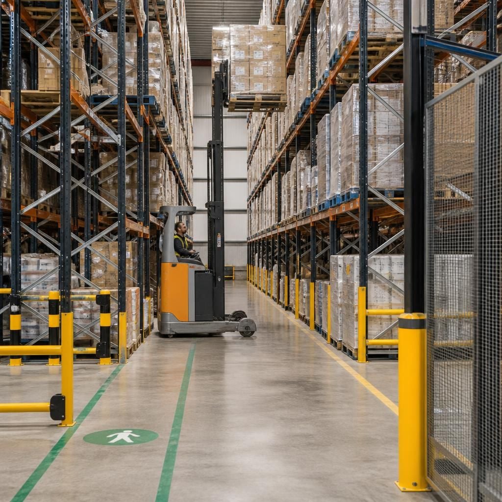Warehouse aisle with pallet racking and a reach truck positioning a pallet