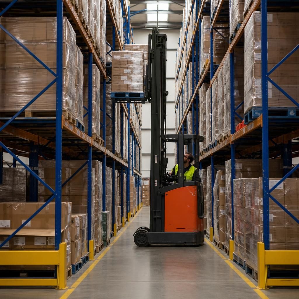 Forklift operating between narrow aisle pallet racking with clear rack ends and floor markings