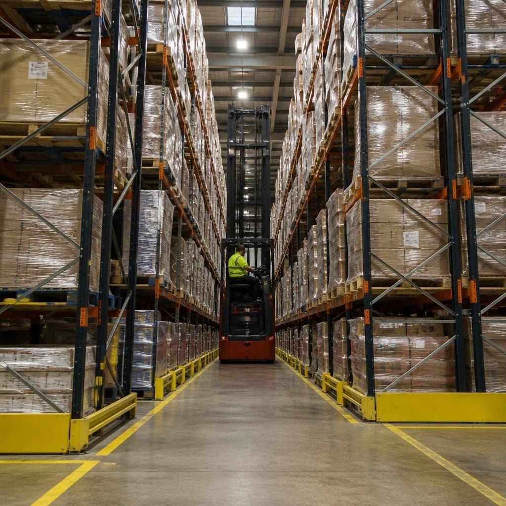 Narrow aisle pallet racking with a forklift in marked warehouse aisles