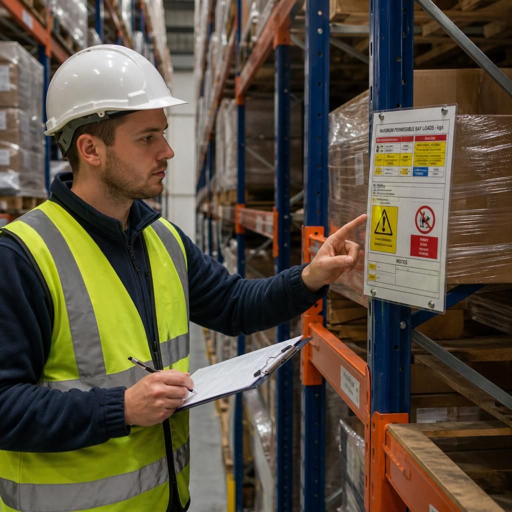 Warehouse worker inspecting narrow aisle pallet racking beside a load notice