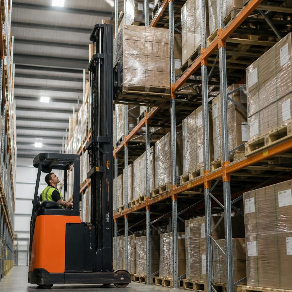 Reach truck placing a pallet into high-level warehouse racking