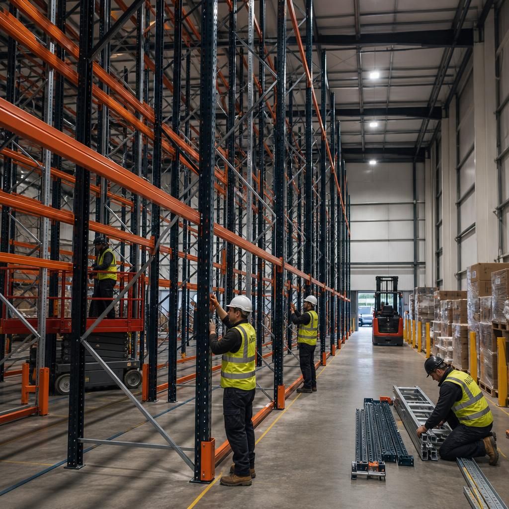 Installers assembling narrow aisle pallet racking beside a warehouse aisle