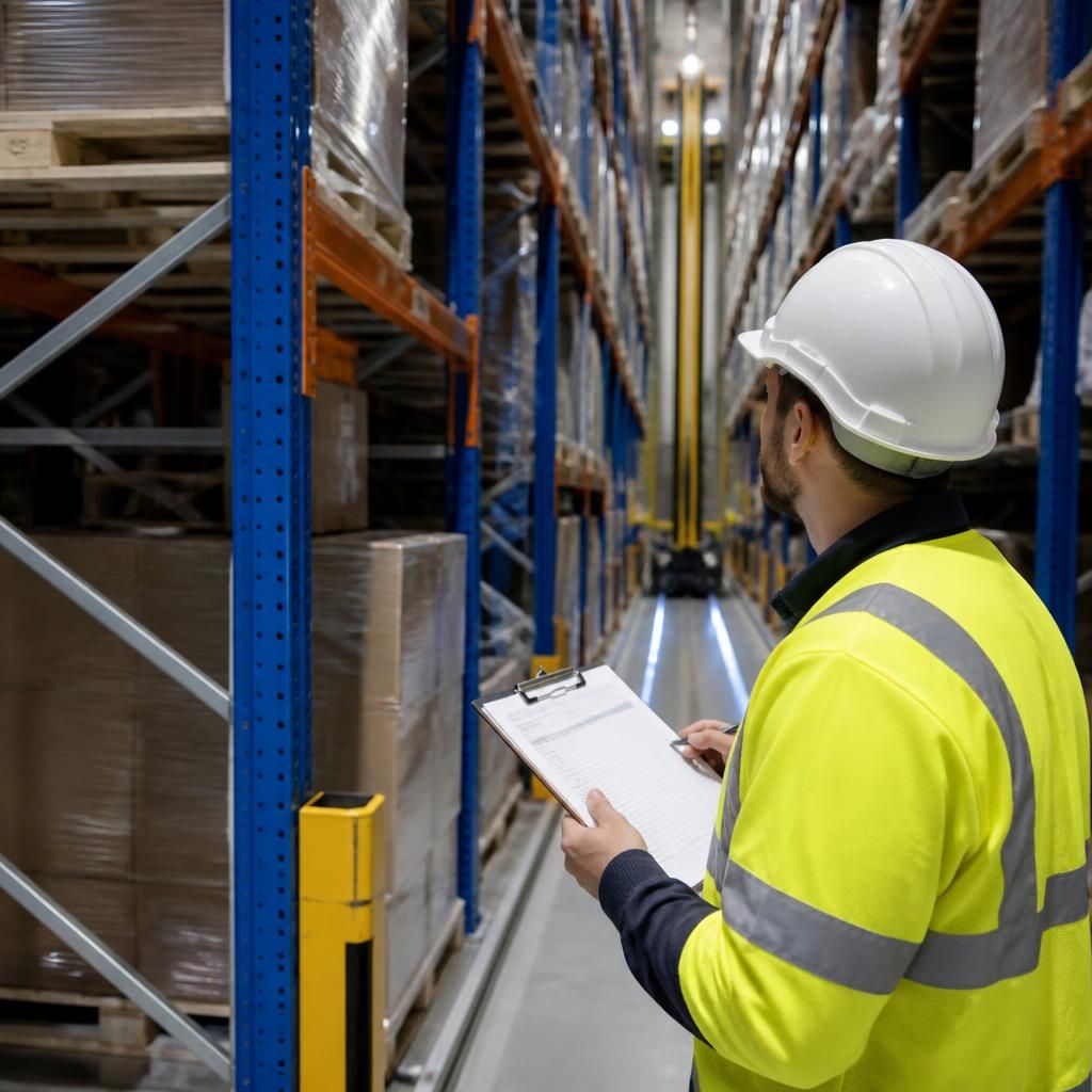 Warehouse worker inspecting narrow aisle pallet racking with a clipboard
