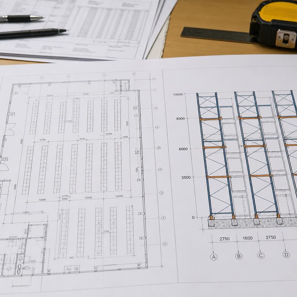 Warehouse layout plan beside a rack elevation showing aisle and bay details