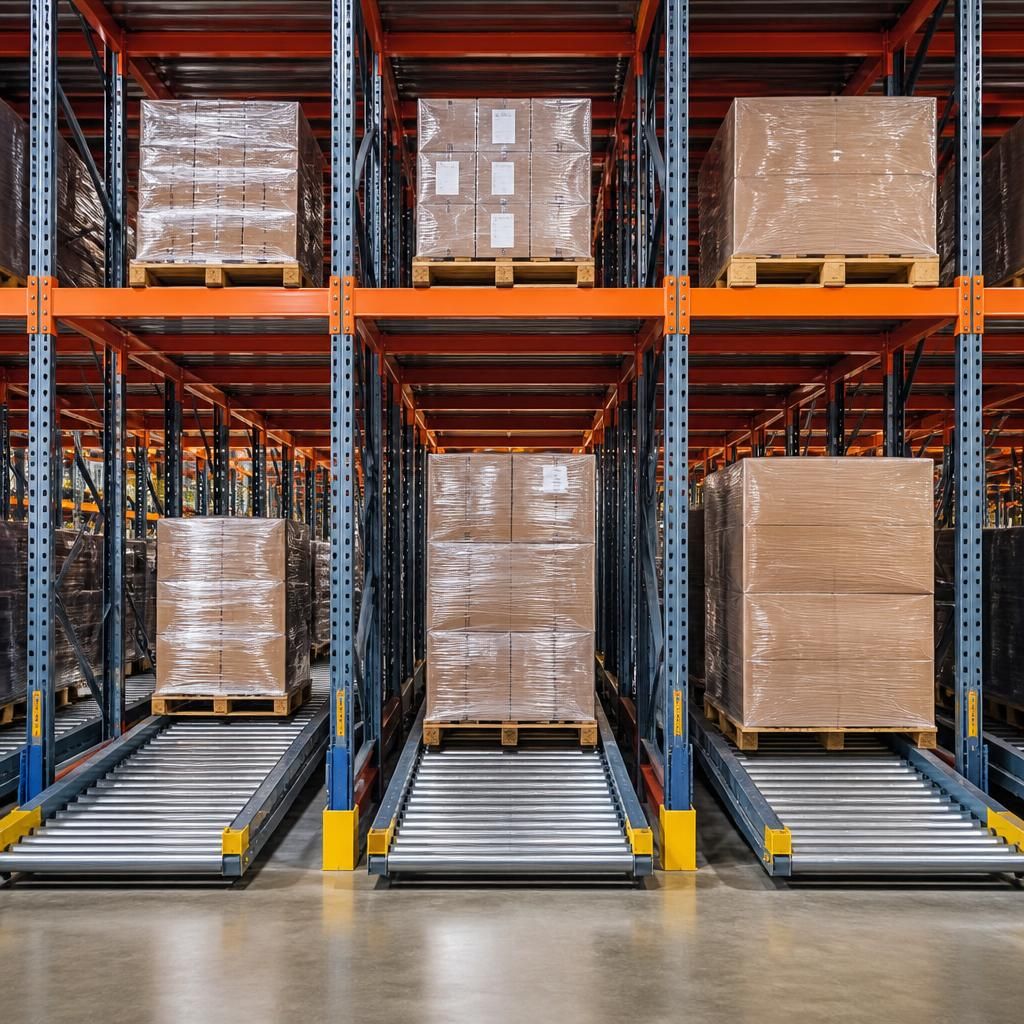 Pallet live racking lanes holding pallets of different sizes