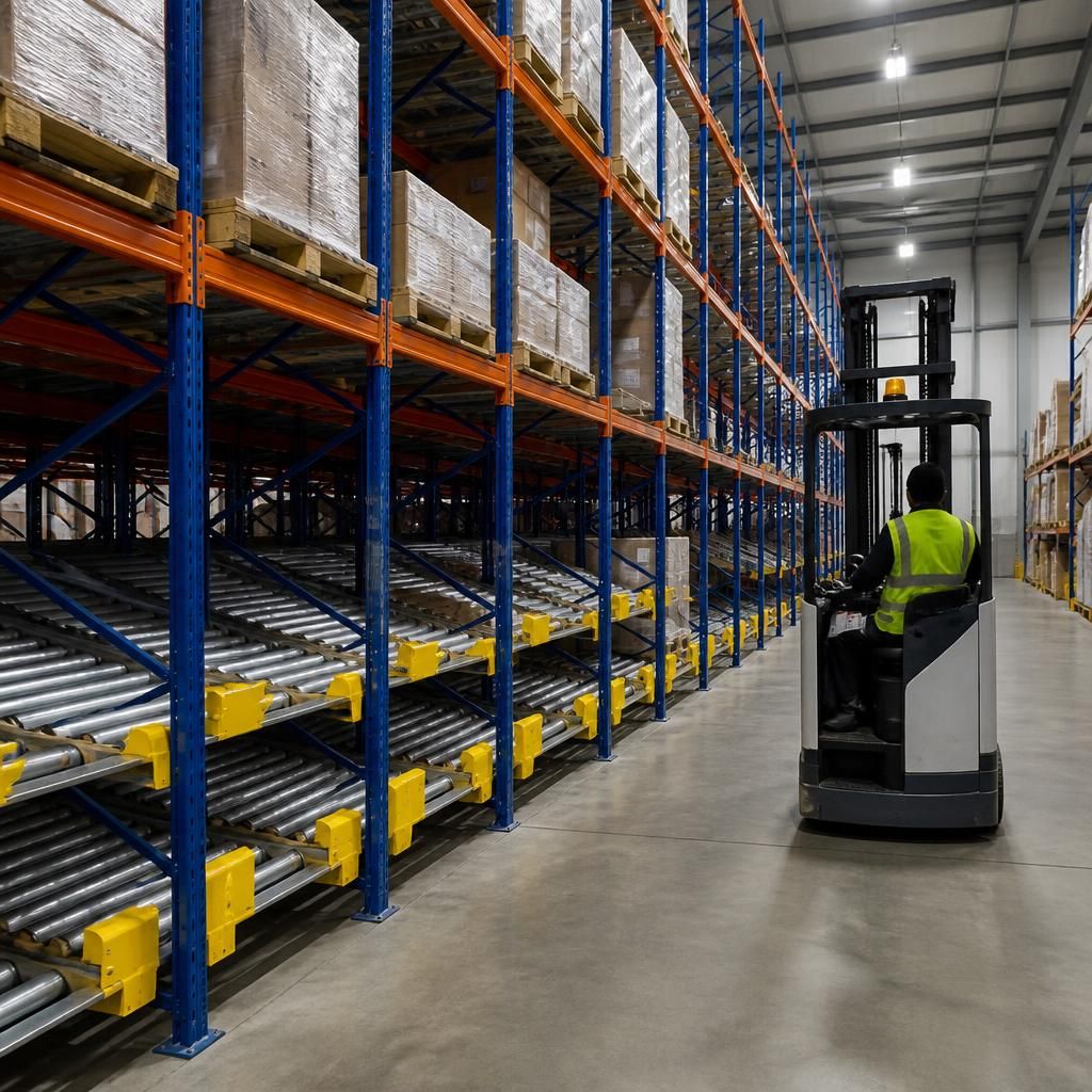 Pallet live racking lanes beside a warehouse forklift aisle