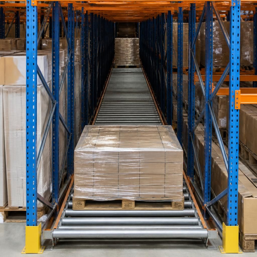 Pallet live racking with rollers supporting pallets in a deep storage lane