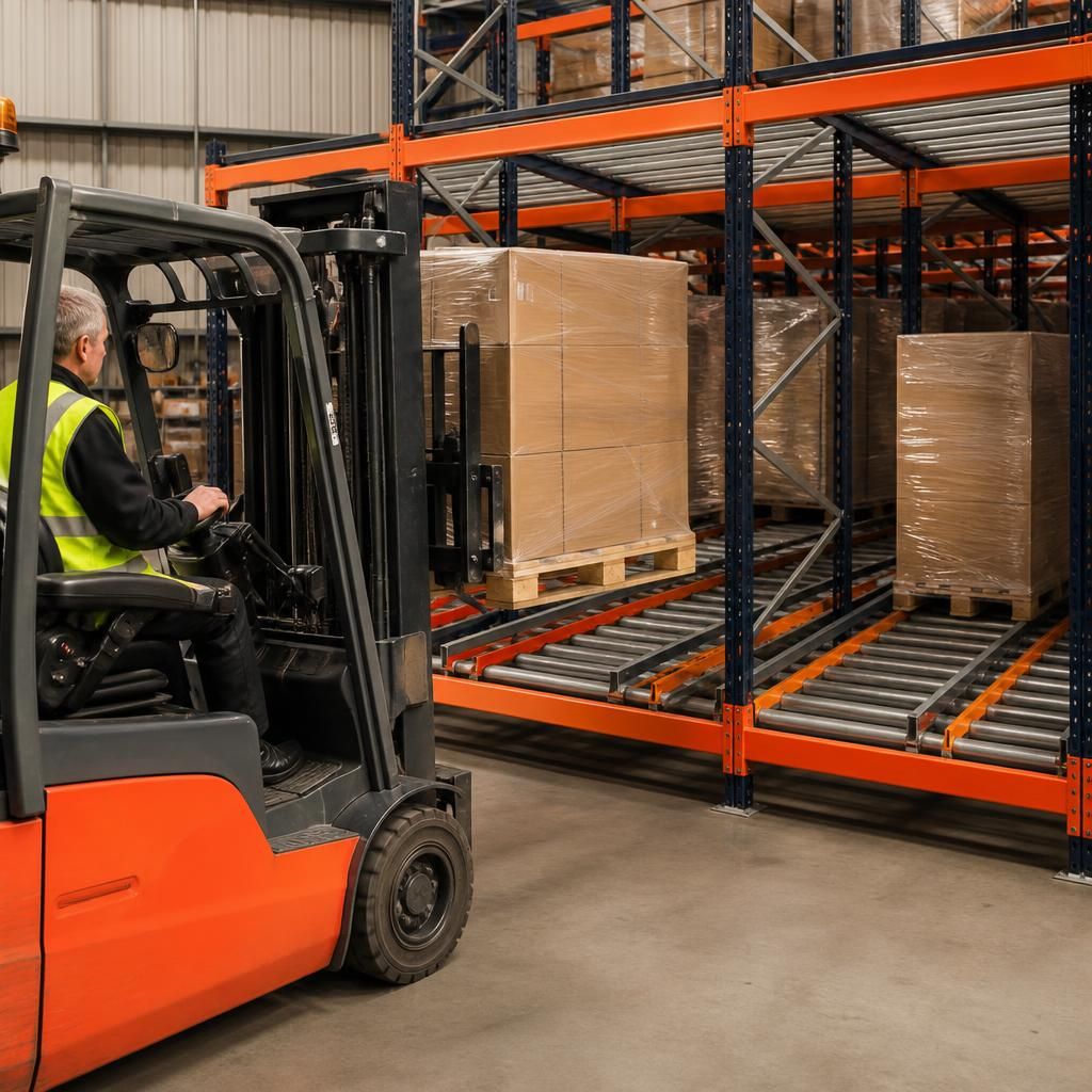 Forklift loading pallets into roller lanes on a pallet live racking system