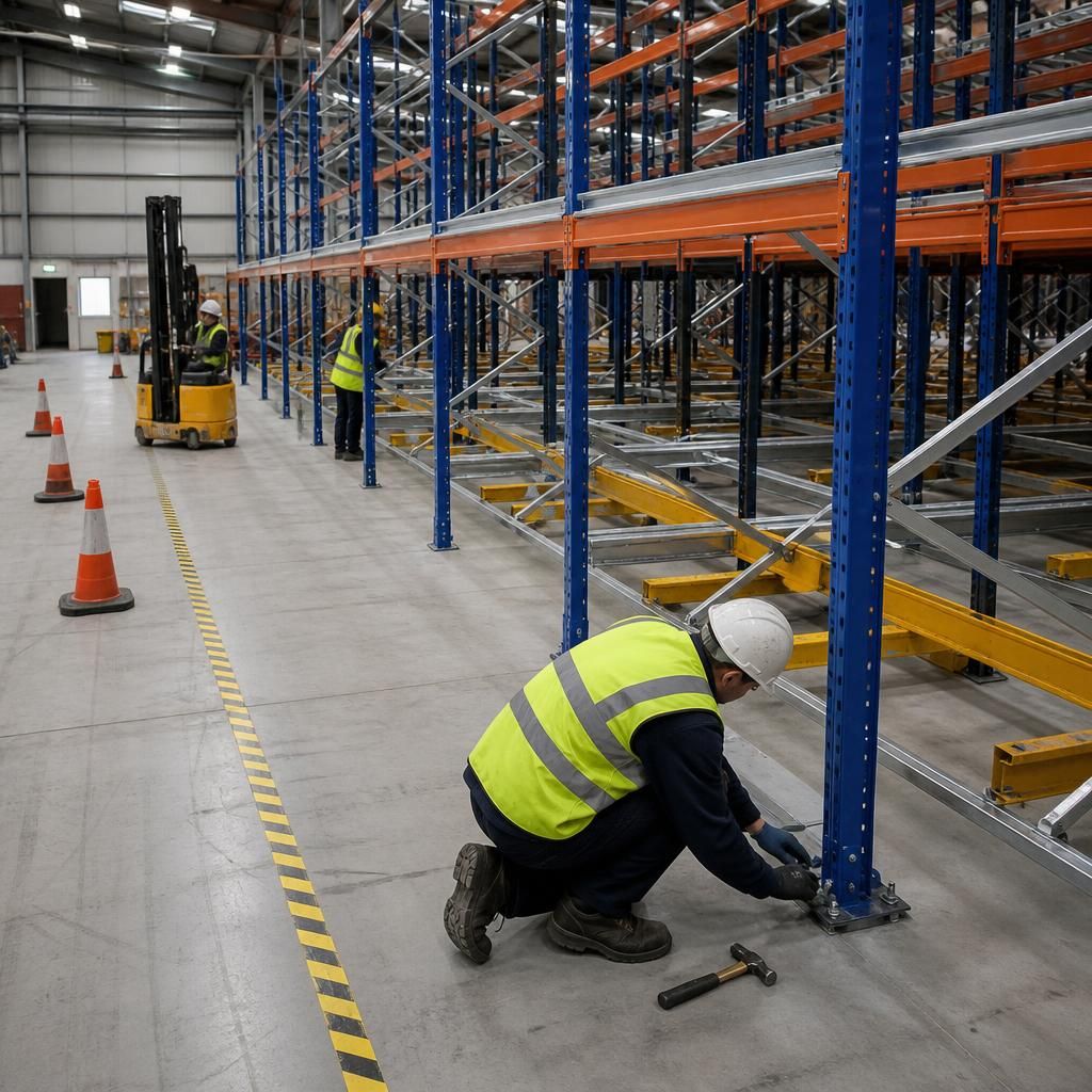 Installers assembling pallet live racking beside a marked warehouse work area