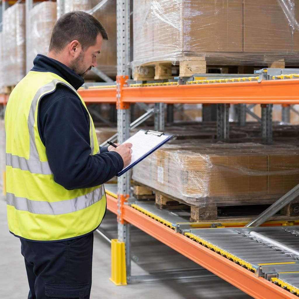 Inspector checking pallet live racking beside stored pallets
