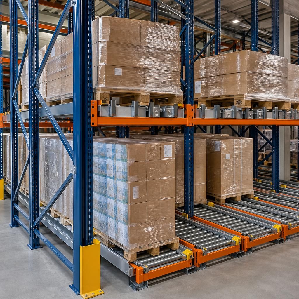 Pallet live racking with loaded pallets, rollers and upright frames in a warehouse