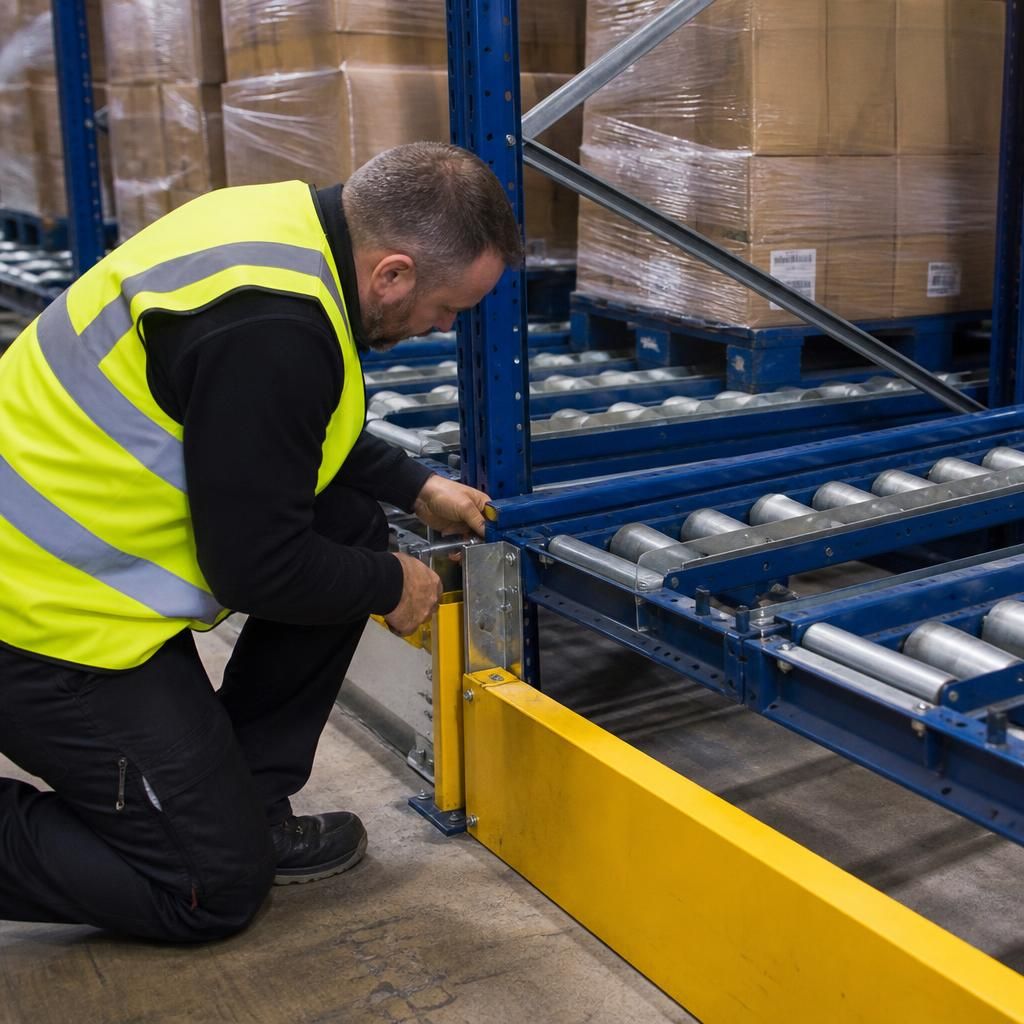 Warehouse worker inspecting rollers and components in a pallet live racking lane