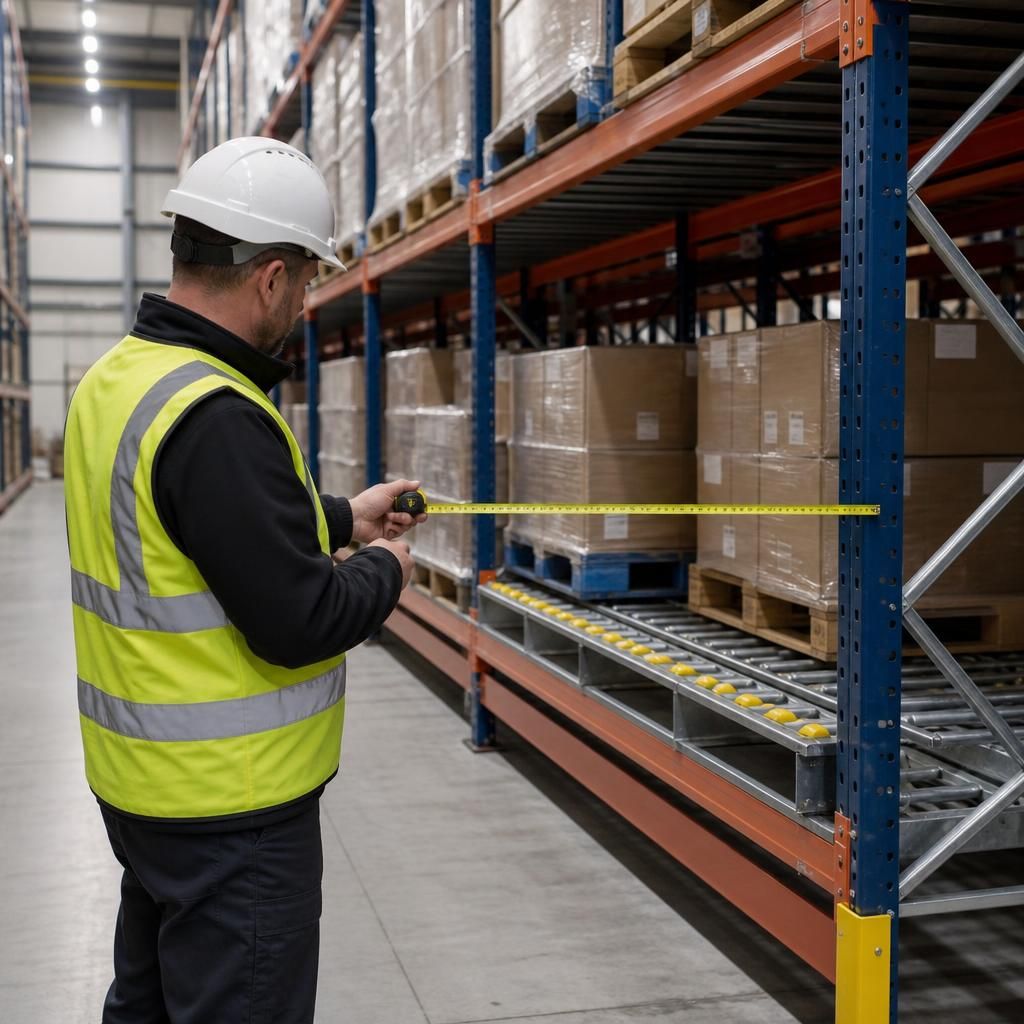 Surveyor measuring aisle clearances beside pallet live racking