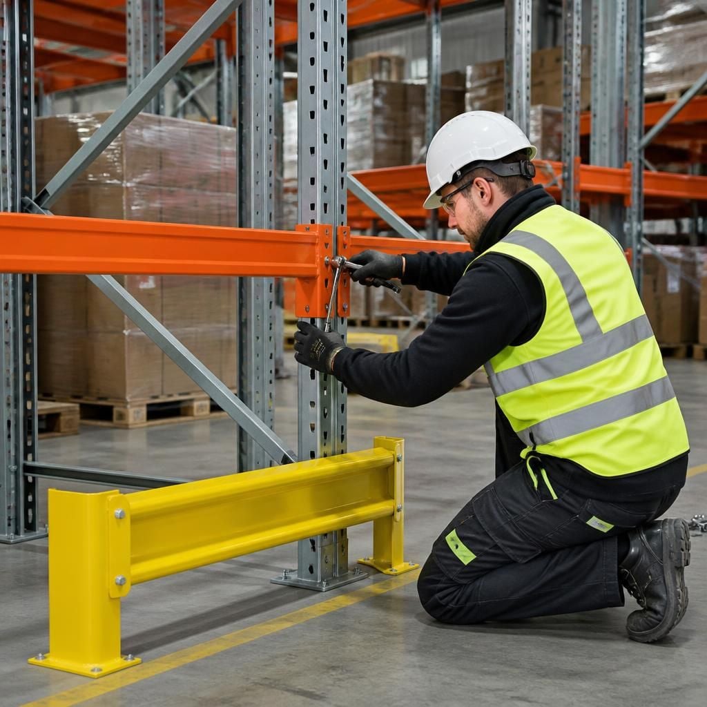 Installer fitting a beam and safety guard to warehouse pallet racking
