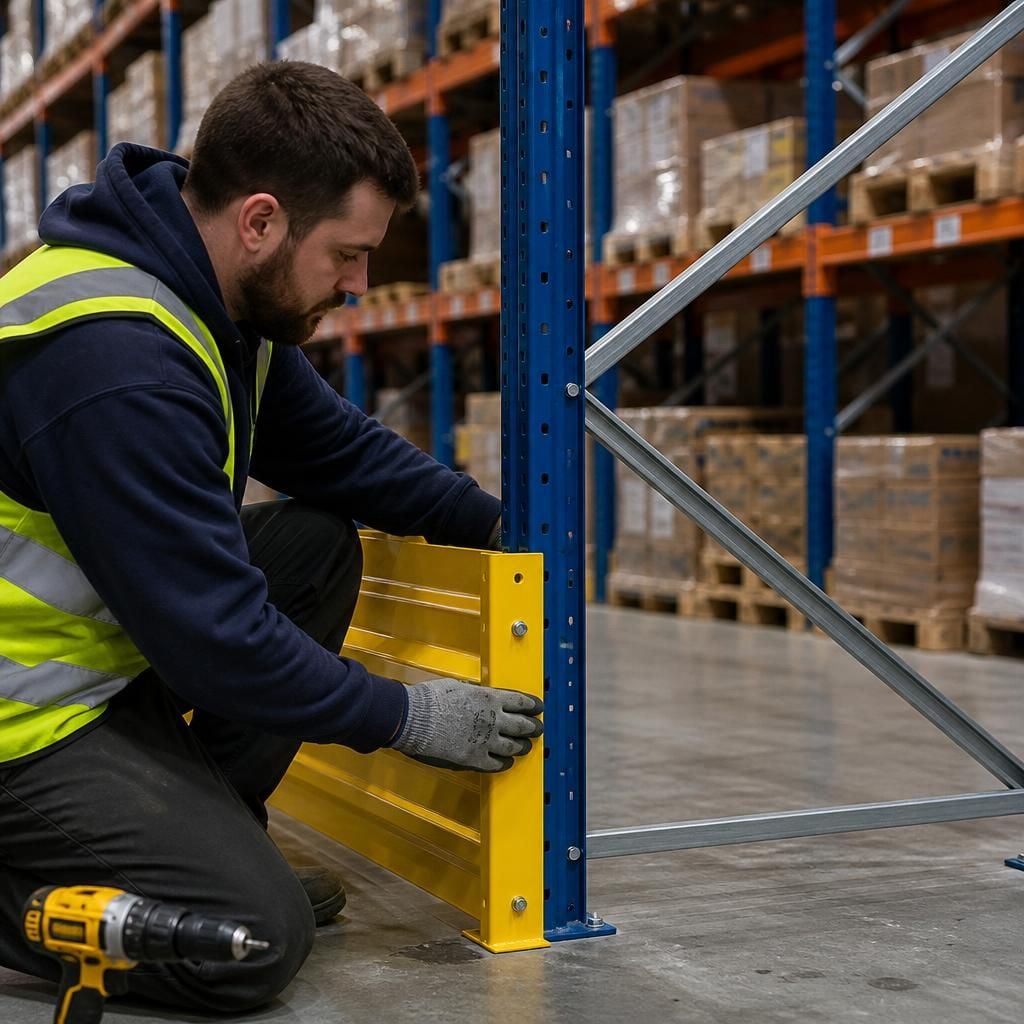 Installer fitting a safety component to a pallet racking frame