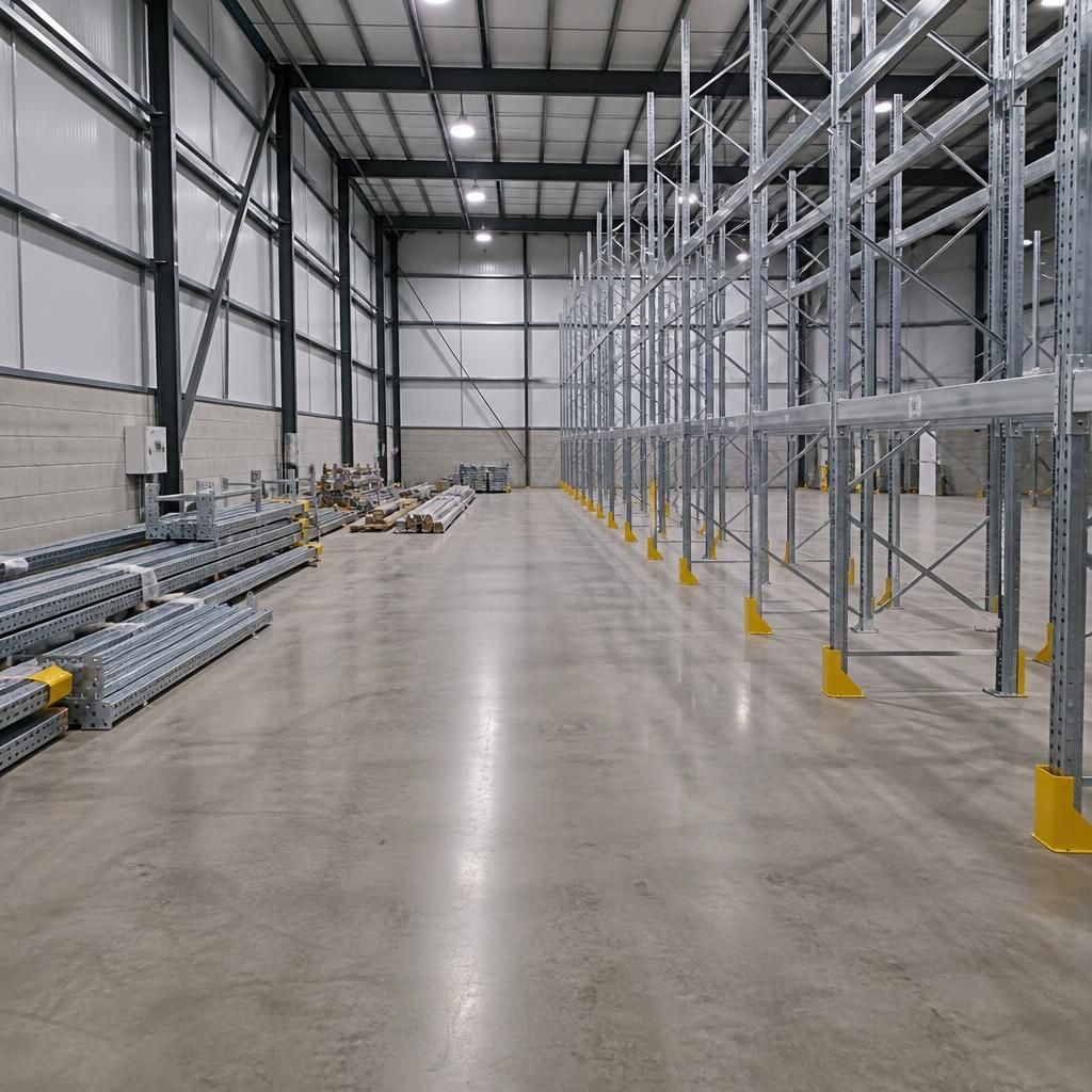 Cleared warehouse aisle around pallet racking before installation work begins