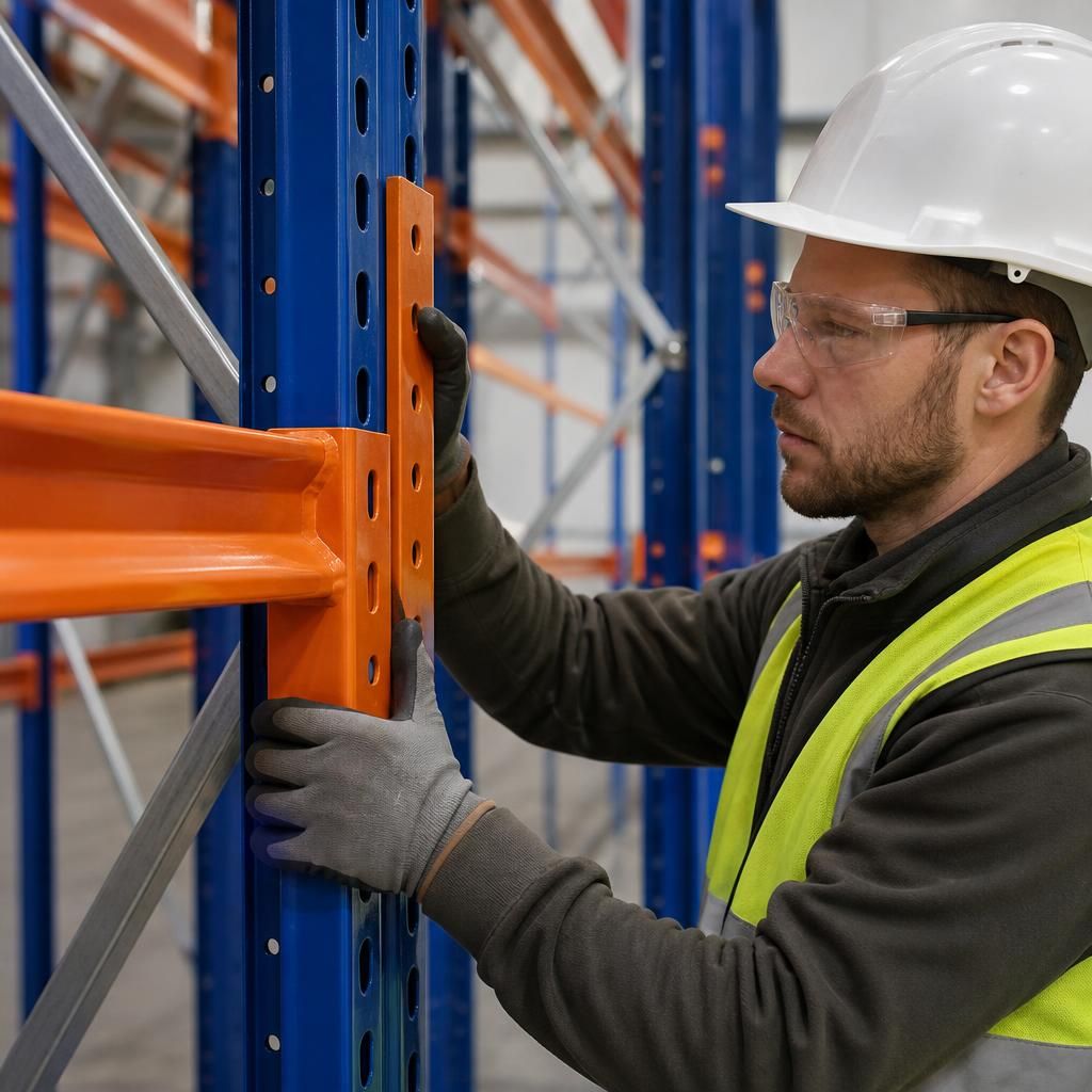Worker installing beam connectors on a pallet racking frame