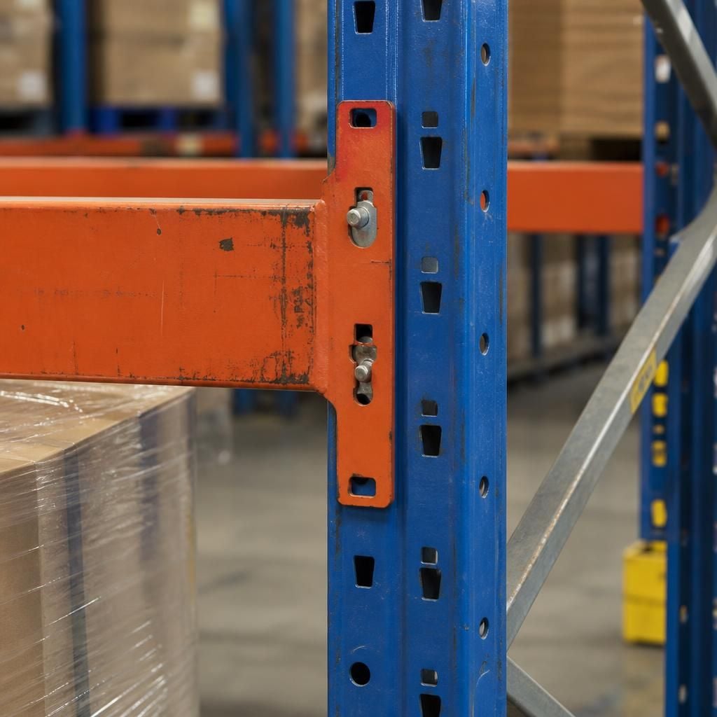 Pallet racking beam, upright frame and locking connector in an existing storage bay