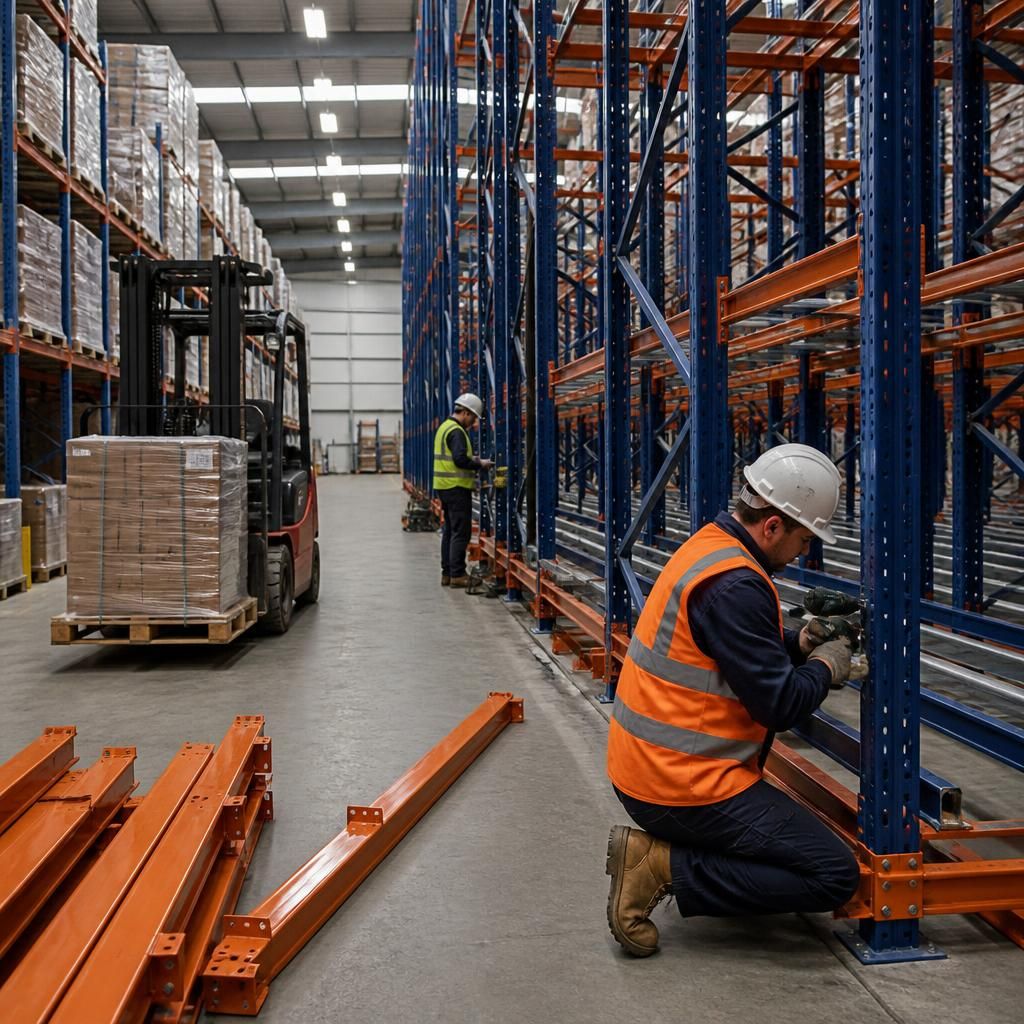 Installers fitting push back pallet racking in a warehouse aisle