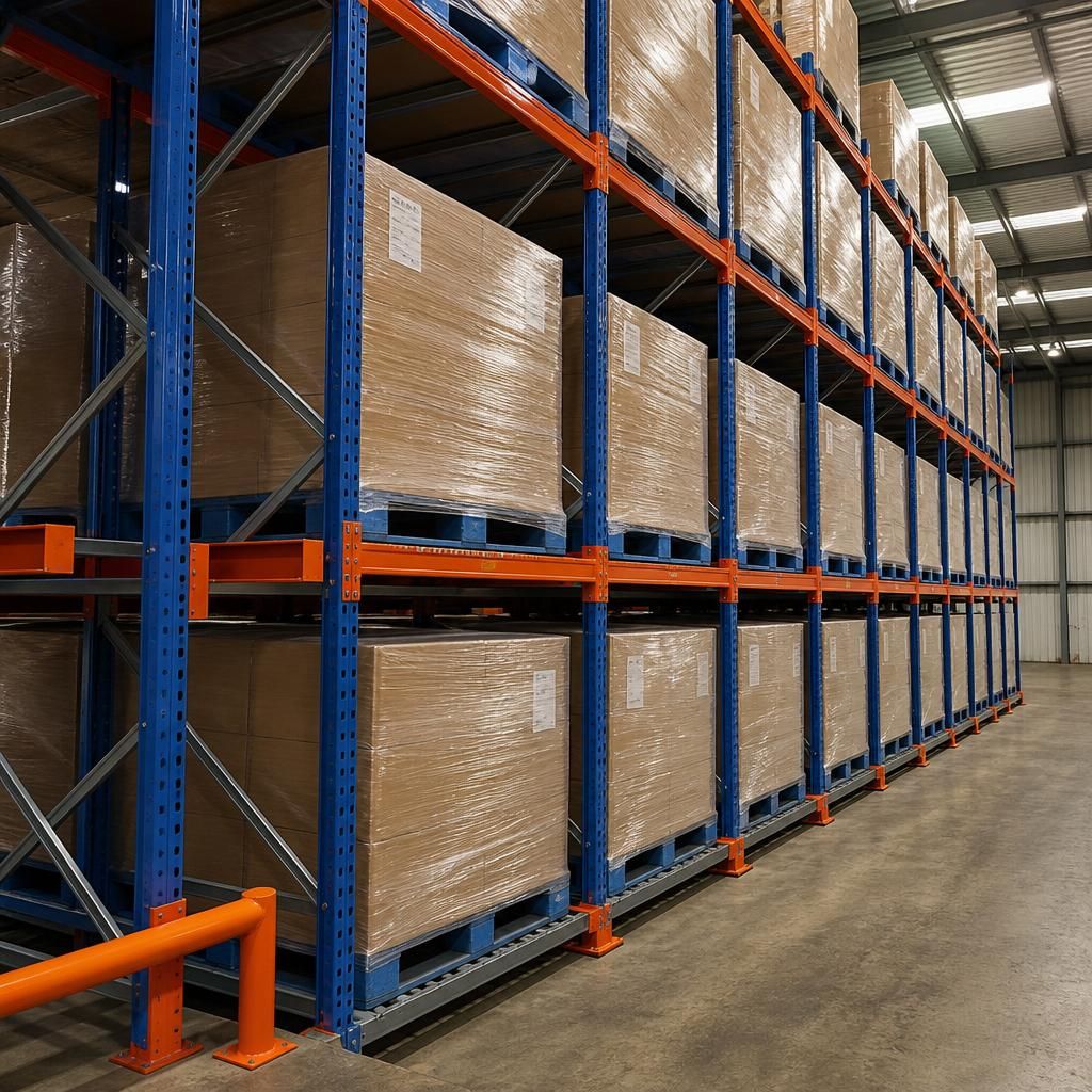 Push back pallet racking with loaded pallets in a warehouse aisle