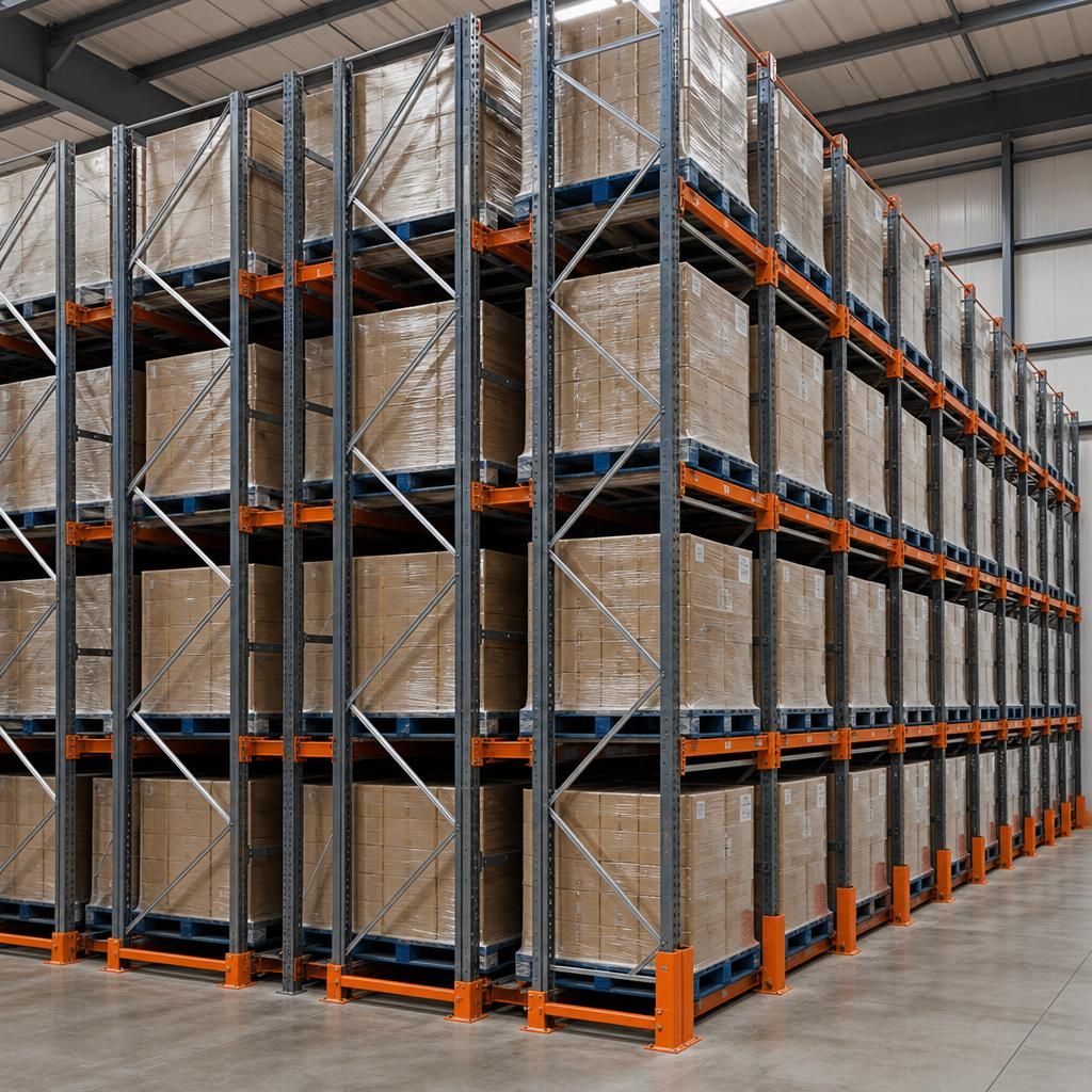 Push back pallet racking with pallets arranged in multiple storage lanes