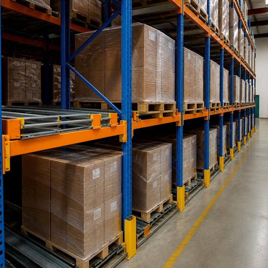 Pallets loaded into push back racking from a single warehouse aisle