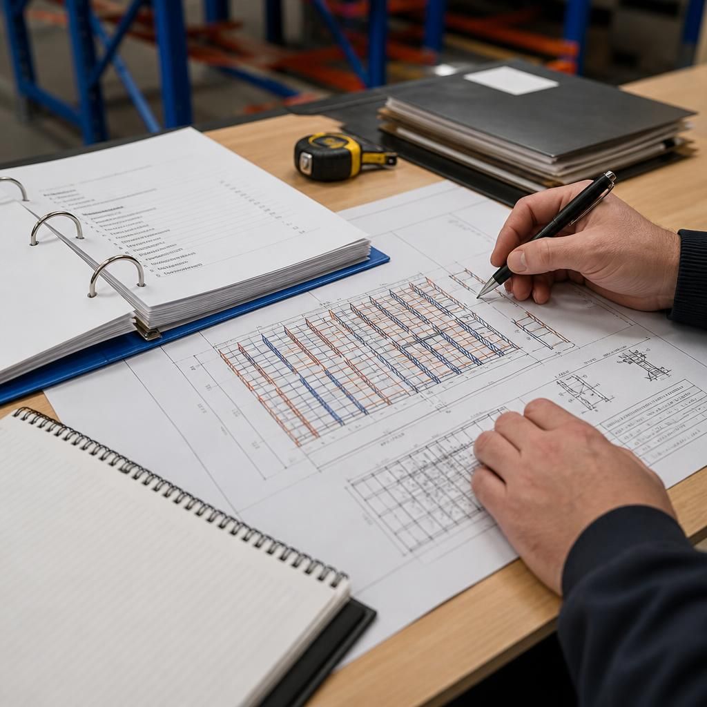 Push back pallet racking plan and installation documents on a desk
