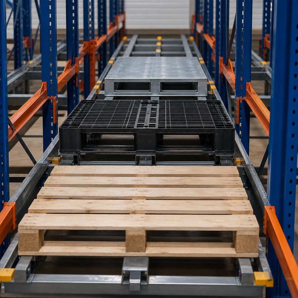 Timber, plastic and metal pallets positioned in a push back racking lane