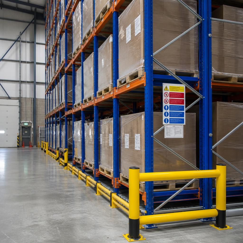 Push back pallet racking with aisle protection and load signage in a warehouse
