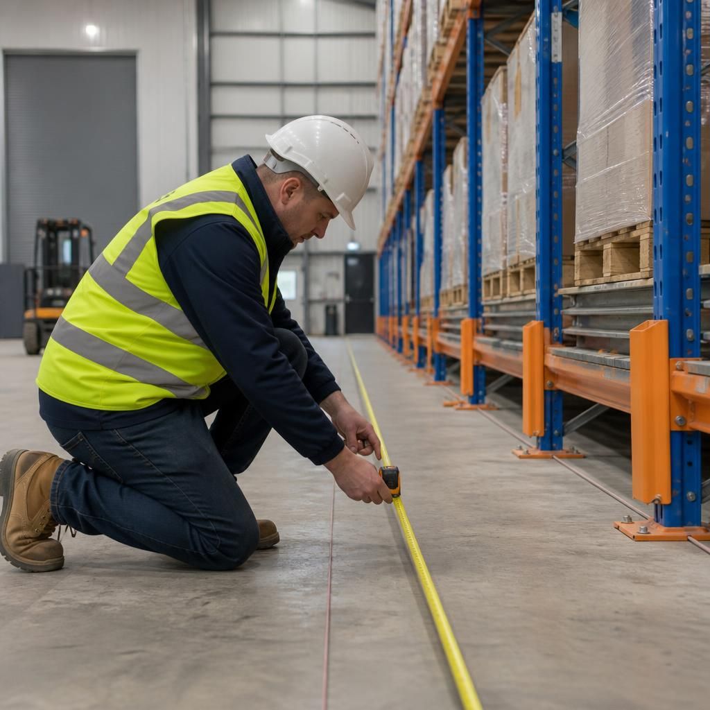 Surveyor measuring aisle clearance beside push back pallet racking