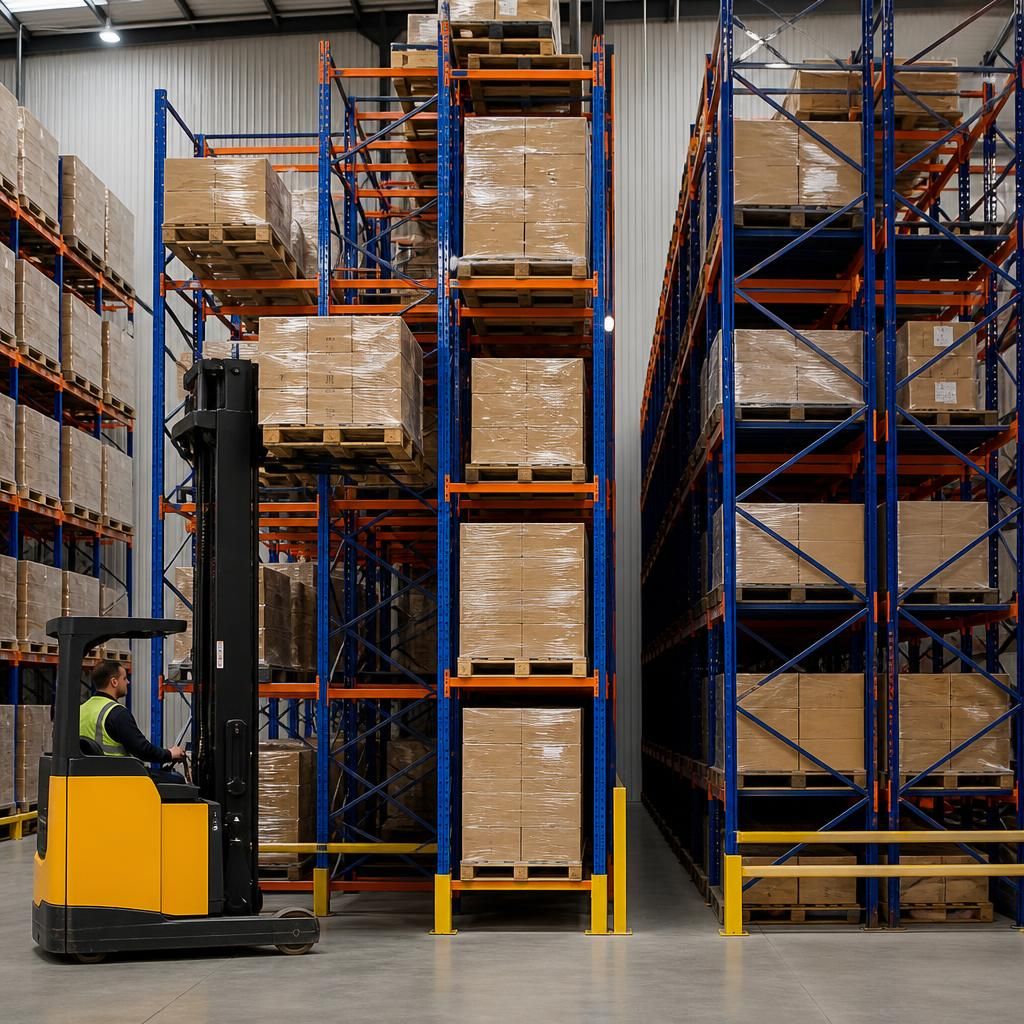 Forklift placing pallets into push back racking beside double deep racking