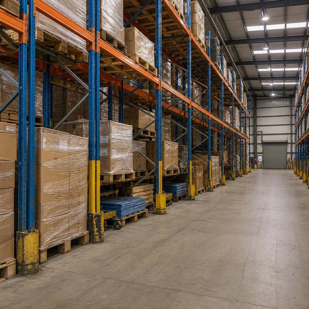 Used pallet racking arranged in warehouse aisles with pallet storage bays