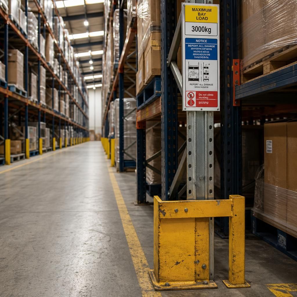 Warehouse aisle with pallet racking, upright guards and load notices