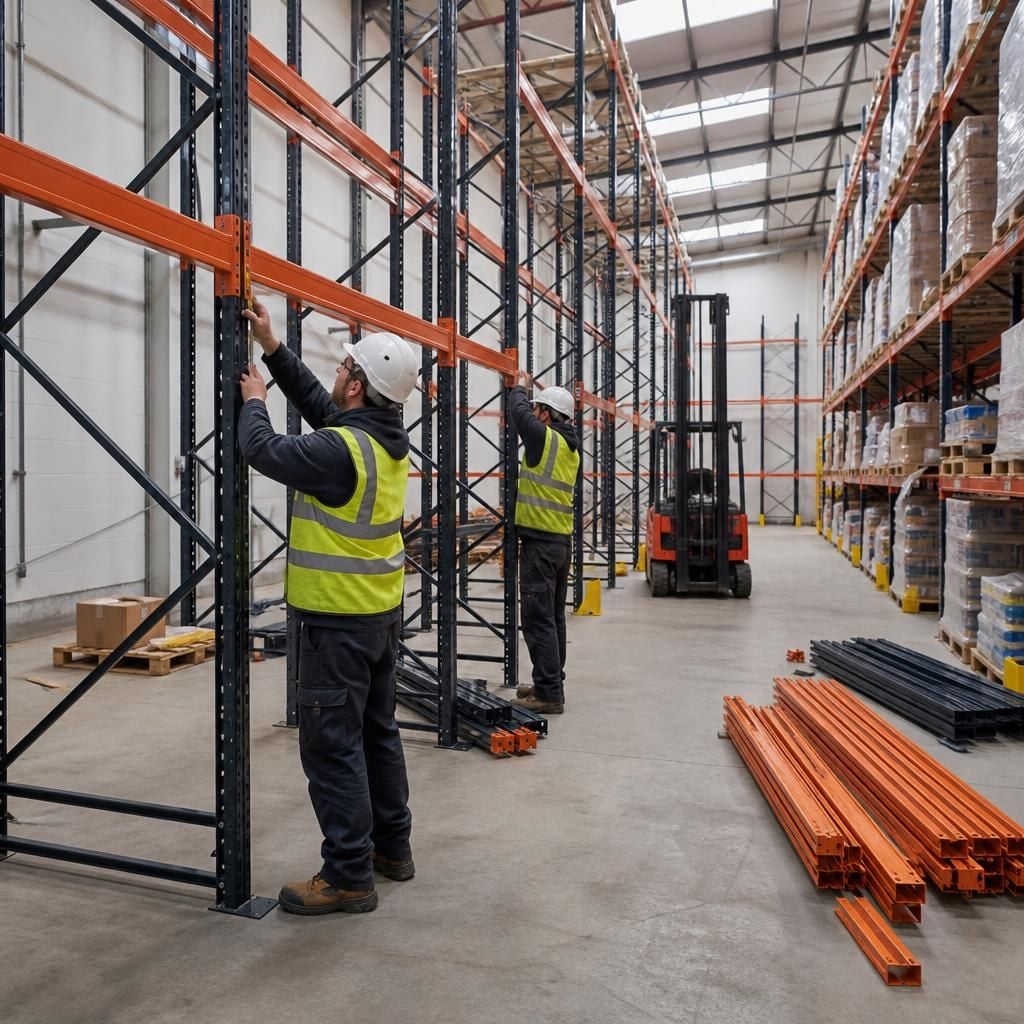 Installers assembling pallet racking beside a warehouse aisle