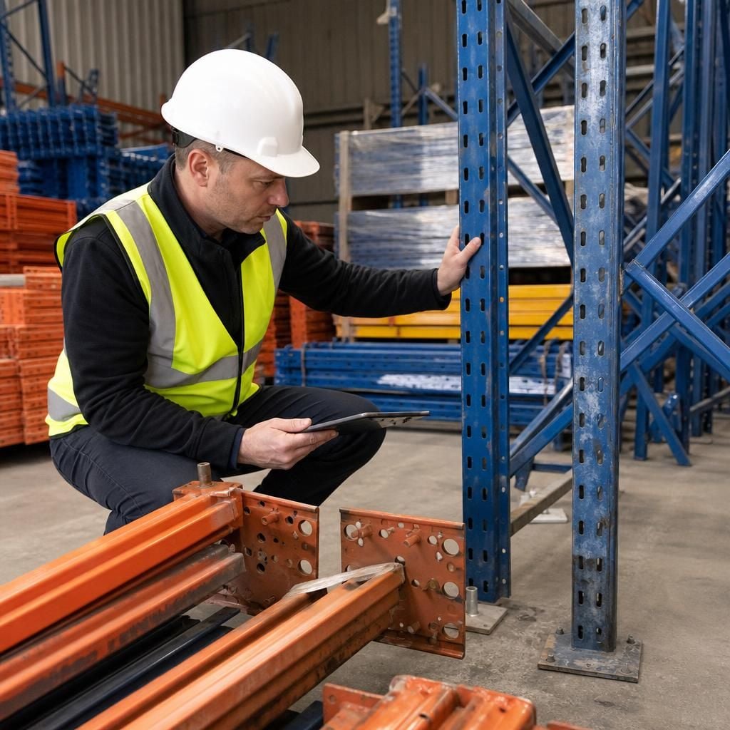 Inspector examining used pallet racking frames, beams and connectors in a warehouse