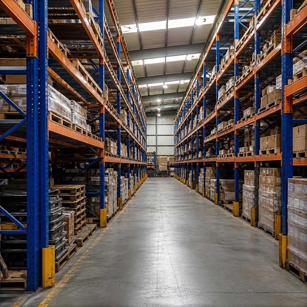 Used pallet racking with frames and beams arranged in a warehouse aisle