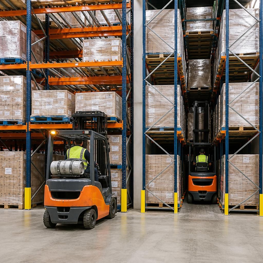 Forklift placing pallets into drive-in and push-back racking
