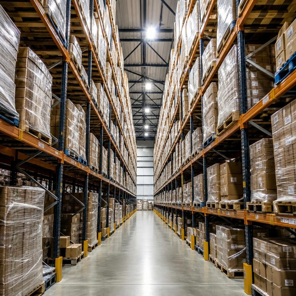 Warehouse aisles with pallet racking rising towards the roof