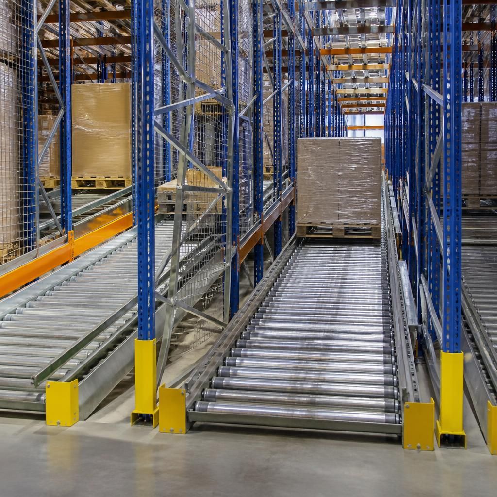 Pallet live racking with inclined roller lanes and separate loading and unloading sides