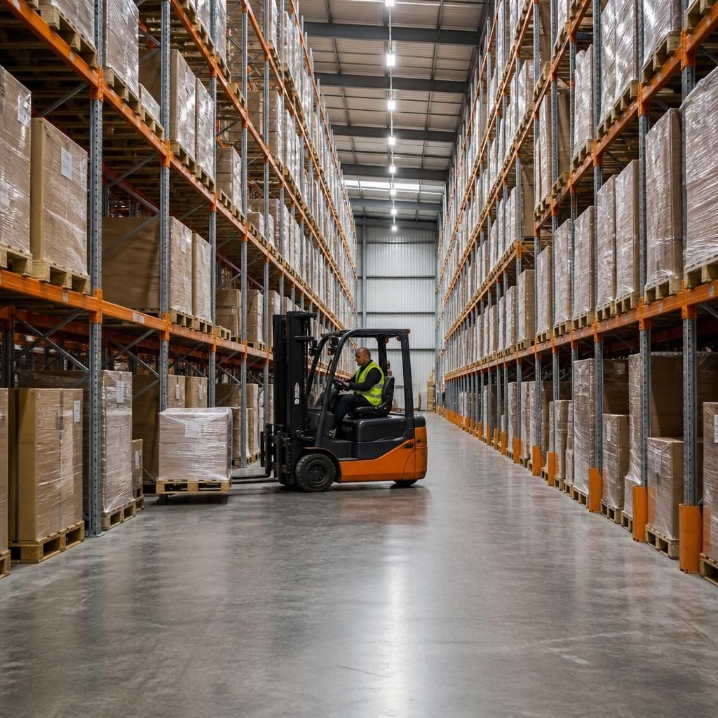 Forklift operating between pallet racking with different aisle widths