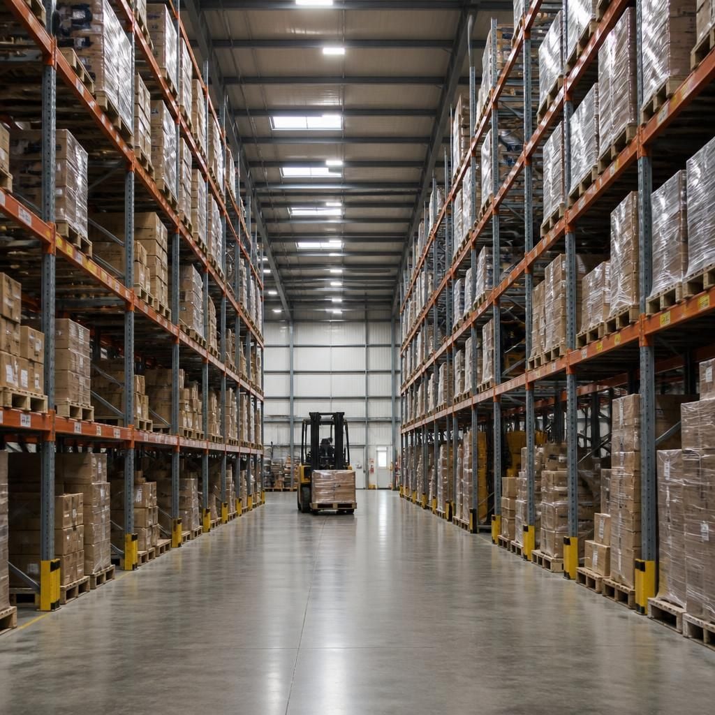 Warehouse aisle lined with wide aisle pallet racking and stored pallets