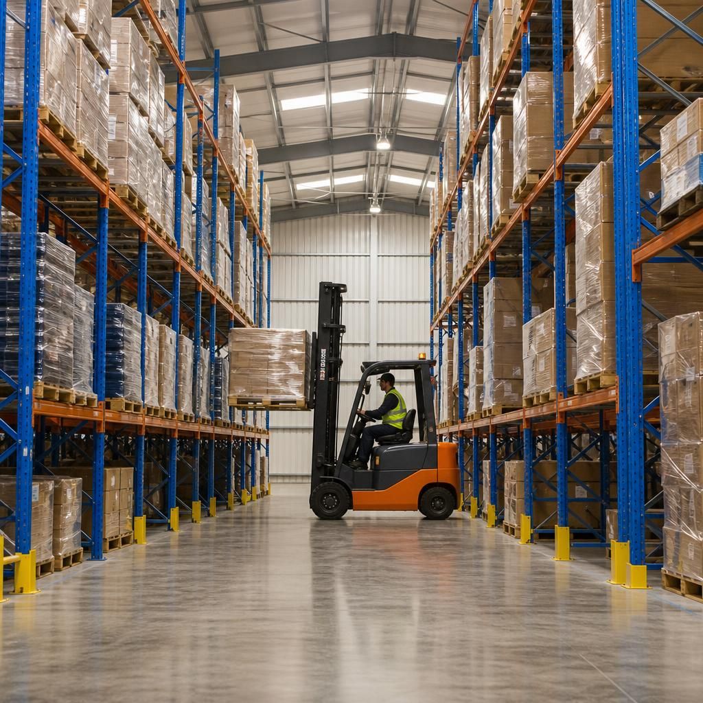 Warehouse pallet racking with a forklift operating in a wide aisle