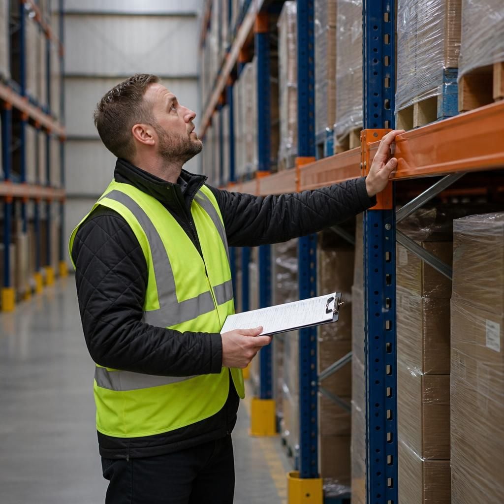 Inspector examining beams and upright frames on wide aisle pallet racking