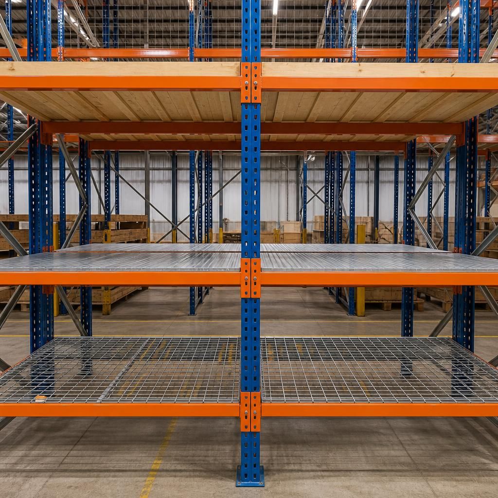 Pallet racking bays showing timber, steel and mesh decking levels
