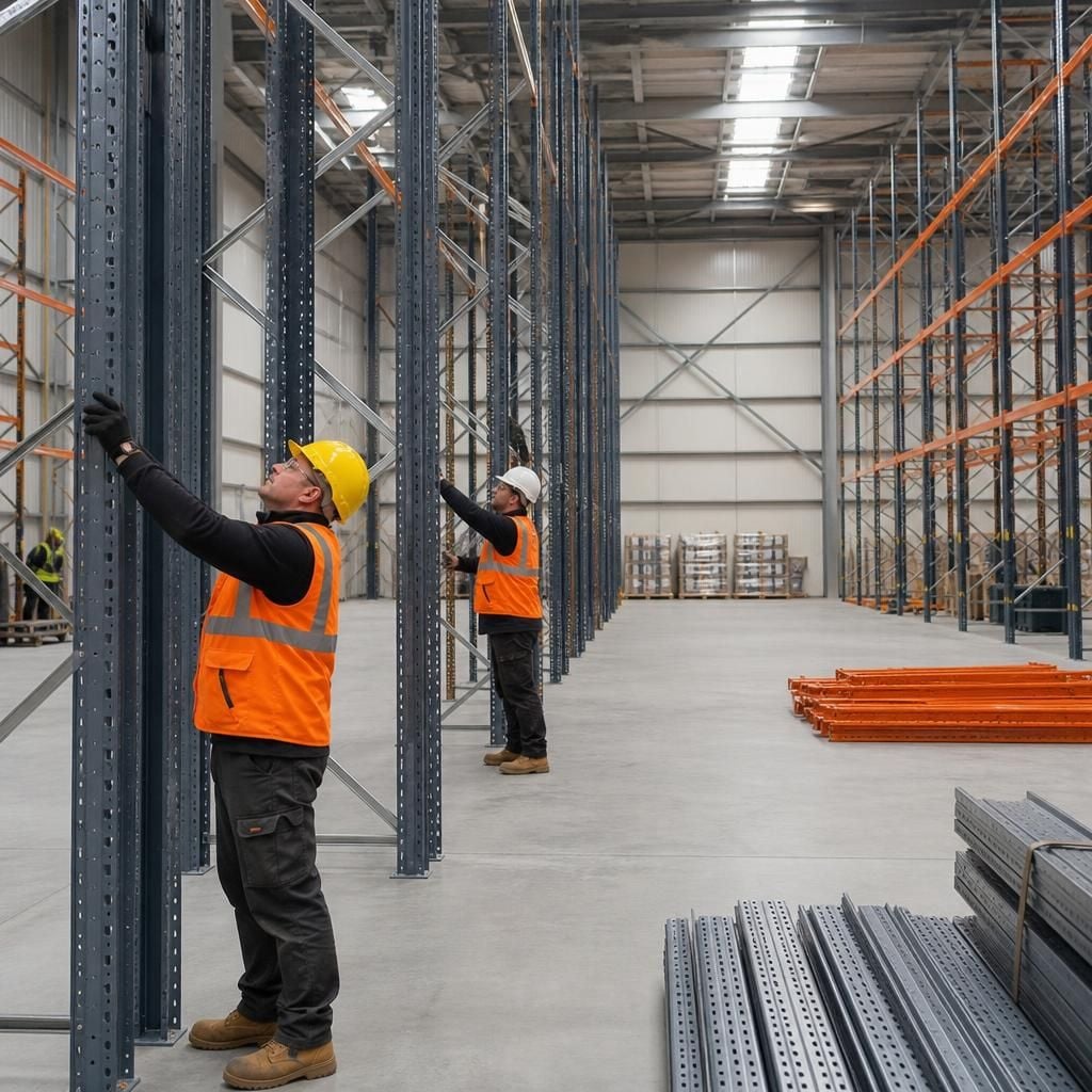 Installers positioning pallet racking uprights and beams beside a warehouse aisle