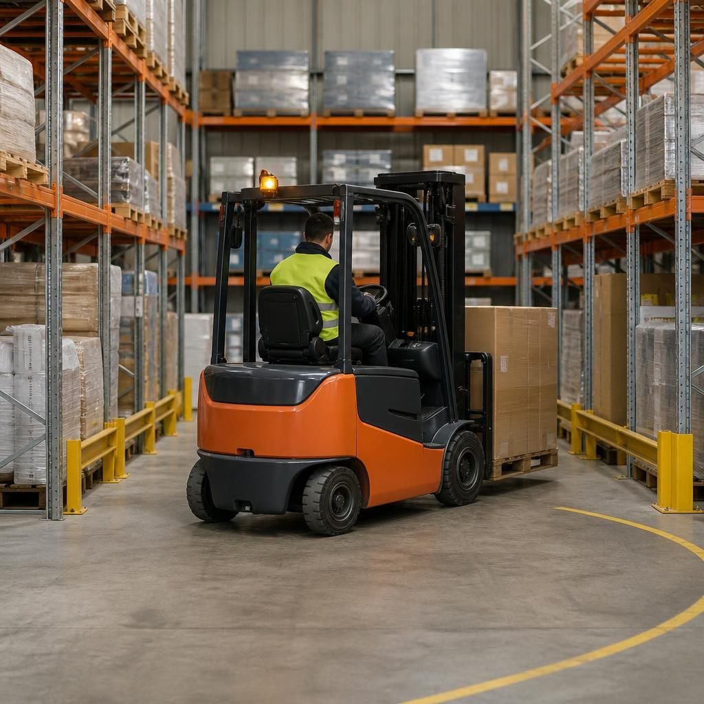 Counterbalance forklift turning at the end of a pallet racking aisle